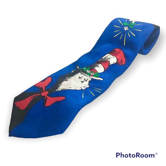 Dr. Seuss The Cat In The Hat Blue 100% Silk Christmas Mistletoe Necktie Tie - Picture 1 of 7